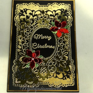 Luxus Frohe Weihnachten Karte für jemand Besonderen. Goldspitze, Stechpalme, Weihnachtsstern.