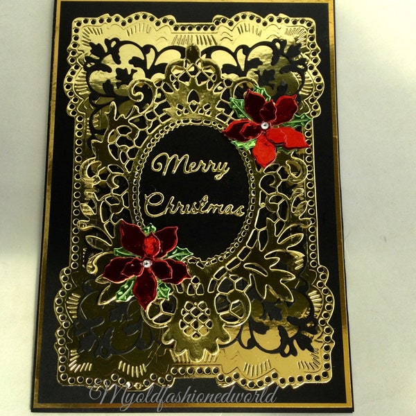 Old Fashioned Vintage Style Luxury Merry Christmas Card for Someone Special. Gold Lace, Holly, Poinsettia.