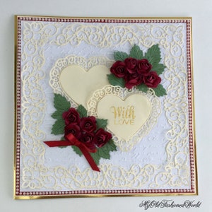 Romantic Old Fashioned Vintage Style Luxury "With Love" Card. Hearts, Lace, Red Roses, Pearls and Ribbon.