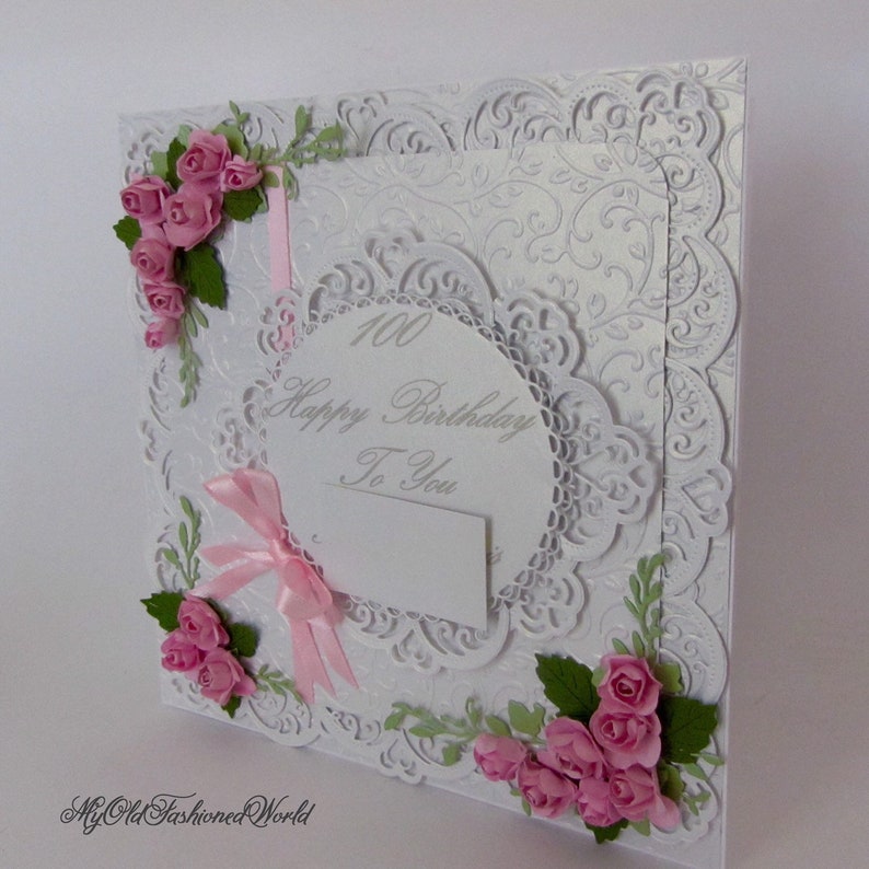 Romantic Old Fashioned Vintage Style 100th. 90th. 80th. Any Age Birthday card Featuring Lace, Ribbon, Pink Roses and Personalised Sentiment. image 6