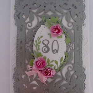 Romantic, Old Fashioned, Vintage Style 80th. 90th. 100th. Any age Birthday card,  Pink Roses, Lace and Ribbon, Die cut 3D. Embossed,  Silver