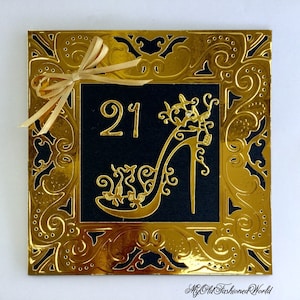 Romantic Old Fashioned Vintage Style Luxury 21st. 18th. 16th. Or Any Age Birthday Card. Black and Gold. Ornate Gold Shoe.