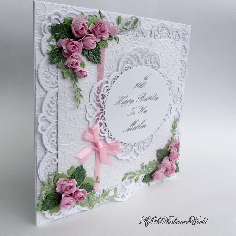 Romantic Old Fashioned Vintage Style 100th. 90th. 80th. Any Age Birthday card Featuring Lace, Ribbon, Pink Roses and Personalised Sentiment. image 2