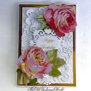 Romantic old fashioned vintage style birthday card for a special Mother, Wife, Sister, friend featuring pink roses, white lace, gold ribbon.