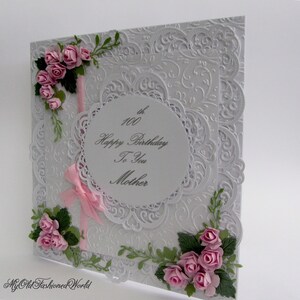 Romantic Old Fashioned Vintage Style 100th. 90th. 80th. Any Age Birthday card Featuring Lace, Ribbon, Pink Roses and Personalised Sentiment. image 3