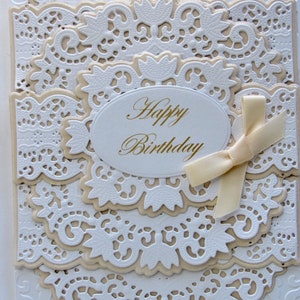 Romantic Old Fashioned Vintage Style Luxury, Romantic Birthday card, Wife, Mother, Sister,Friend. White lace on cream background. Ribbon.