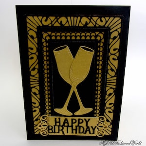Carte d'anniversaire masculine de style vintage à l'ancienne pour cet homme spécial dans votre vie. Célébrez avec le Champagne, l'Art Déco en or et noir.