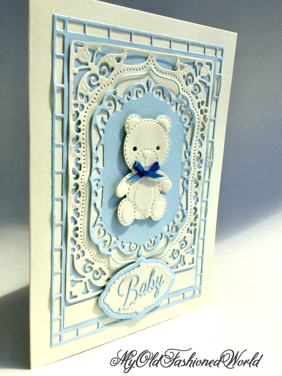 Old Fashioned vintage style baby boy card featuring blue toy train.