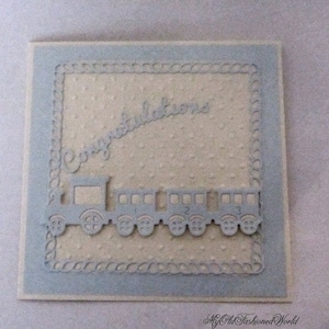 Biglietto di congratulazioni per neonato in stile vintage vecchio stile con trenino blu.