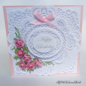 Romantic old fashioned vintage style birthday card for a special Mother, Wife, Sister or friend featuring pink roses and lace.