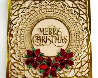 Old Fashioned Vintage Style Luxury Bespoke Merry Christmas Card for Someone Special. Gold foil filigree, cream pearl, red Poinsettias.