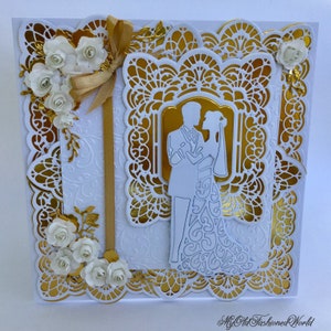 Romantic old fashioned vintage style luxury white on gold foil card for wedding featuring bride and groom, lace, ribbon and roses.