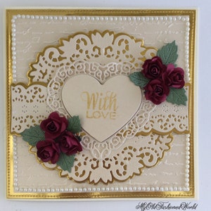 Romantic Old Fashioned Vintage Style Luxury "With Love" Card. Lace, Pearls, Red Roses.