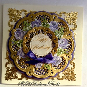Romantic Old Fashioned Vintage Style Luxury Happy Birthday  Card. Gold Lace, Lilac Roses, Ribbon, Special Wife, Mother, Sister or Friend.