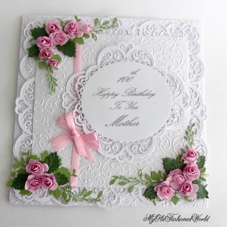 Romantic Old Fashioned Vintage Style 100th. 90th. 80th. Any Age Birthday card Featuring Lace, Ribbon, Pink Roses and Personalised Sentiment. image 4