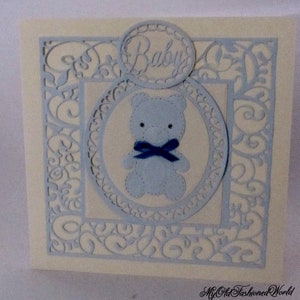 Ouderwetse vintage stijl Baby Boy kaart met blauwe teddybeer.