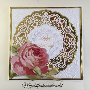 Romantic vintage style old fashioned birthday card for Wife, Mother, Sister or Friend featuring pink roses, lace and ribbon.