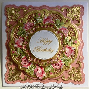 Romantic Old Fashioned Vintage Style Luxury Happy Birthday  Card. Gold Lace, Pink Roses, Special Wife, Mother, Sister or Friend.