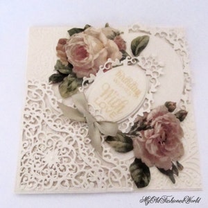 Romantic old fashioned vintage style birthday card for a special Mother, Wife, Sister or friend featuring pink roses, cream lace and pearls.