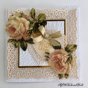 Romantic Old Fashioned Vintage Style "With Love" Card. Heart, Cream Lace, Pink Roses and Ribbon.