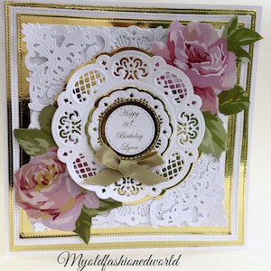 Romantic Old Fashioned Vintage Style 80th. 90th. 100th. Or Any Age Birthday Card Featuring Lace, Ribbon, Pink Roses, 8 inch.