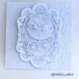 Romantic, Old fashioned style Luxury white on white card for New Baby or Baby Shower featuring vintage style pram, lace, ribbon.