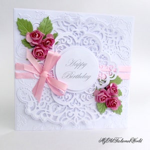 Romantic old fashioned vintage style Birthday card for a special Mother, Wife, Sister or Friend featuring pink roses, ribbon and lace.