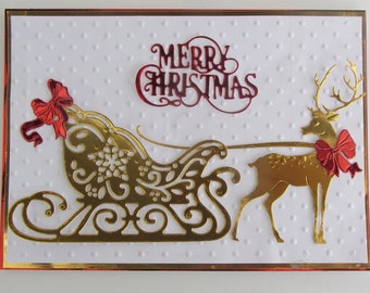 Old Fashioned Vintage Style Luxury Christmas Card for Someone Special. Gold Reindeer and Sleigh, Christmas Red Ribbons.