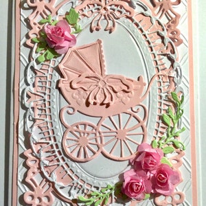 Romantic Old Fashioned Vintage Style Luxury New Baby Girl Card. Baby Shower. Pink Pram, Lace, Bows and Roses.