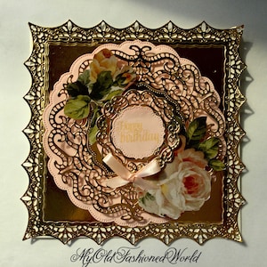 Romantic Old Fashioned Vintage Style Luxury Happy Birthday Card. Lace, Pink Roses, Ribbon. Special Wife, Mother, Sister or Friend.