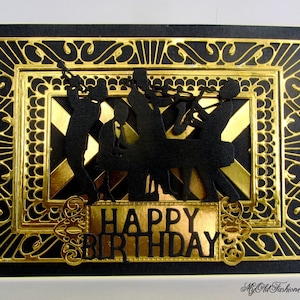 Cartão de aniversário masculino de luxo estilo vintage à moda antiga para aquele homem especial em sua vida. Art Déco look Jazz Band em dourado e preto.