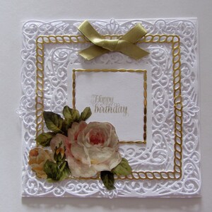 Romantic vintage style old fashioned birthday card for a special Wife, Mother, Sister or Friend, featuring roses, lace and ribbon.
