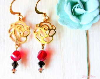 Dangle earrings gold rose charm red black and silver swarovski crystals