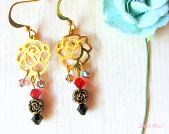 Dangle earrings gold rose charm red black and silver swarovski crystals
