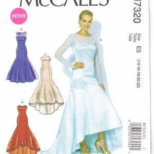 May include: McCall's M7320 sewing pattern featuring several dress designs. The main image showcases a light blue, long-sleeved gown with a high-low hemline. Other designs include a purple mermaid gown, a beige dress, and a red high-low dress.