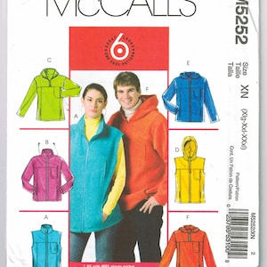 May include: McCall's M5252 sewing pattern featuring six jacket and vest styles. The pattern includes options for a hooded jacket, a zip-up vest, and a pullover jacket. The pattern is size XN (Xlg-XXxl).