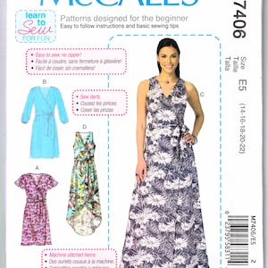 May include: McCall's sewing pattern M7406 for beginner sewers. The package features a woman wearing a floral print dress. Includes instructions for dresses with various styles, including wrap and sleeveless designs. The package also includes the text "Easy to sew, no zipper!"