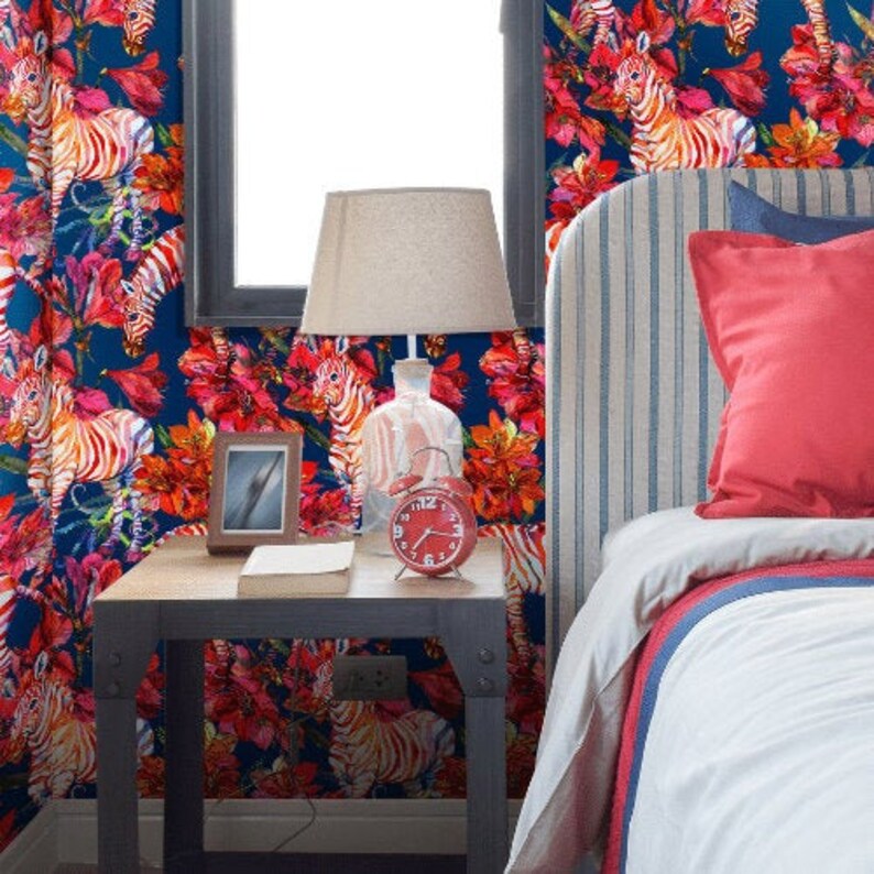 Red Blue Zebra Wallpaper Peel and Stick Zebra Wallpaper Kids Wallpaper