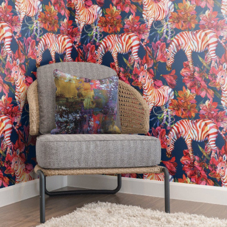 Red Blue Zebra Wallpaper Peel and Stick Zebra Wallpaper Kids Etsy