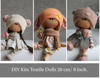 Complete sewing KITS + pattern for making Textile Dolls 20 cm, Tilda doll tutorial with cloth, DIY doll kit