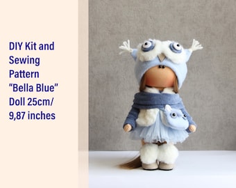 Complete sewing KIT + pattern for making Textile Doll “Bella Blue”, Tilda doll tutorial with cloth, DIY doll kit Make your own doll