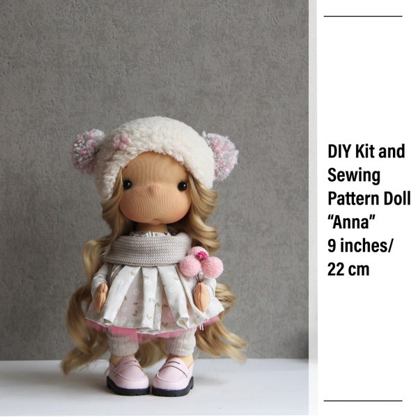 Sewing Pattern and Kit Textile doll “Anna” 9 inches /22 cm, Doll Tutorial with cloth, Cute doll with cheeks, handmade rag doll