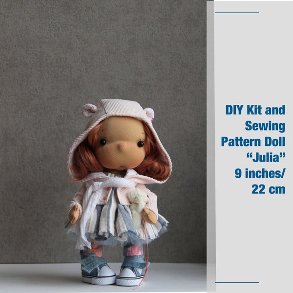 Sewing Pattern and Kit Textile doll “Julia” 9 inches /22 cm, Doll Tutorial with cloth, Cute doll with cheeks, handmade rag doll