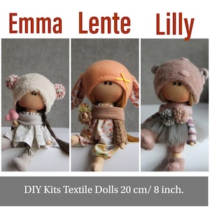 Complete sewing KITS + pattern for making Textile Dolls 20 cm, Tilda doll tutorial with cloth, DIY doll kit