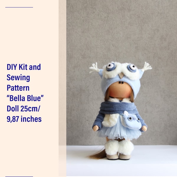 Komplettes Nähset + Muster zur Herstellung der Textilpuppe „Bella Blue“, Tilda-Puppen-Tutorial mit Stoff, DIY-Puppenset. Machen Sie Ihre eigene Puppe