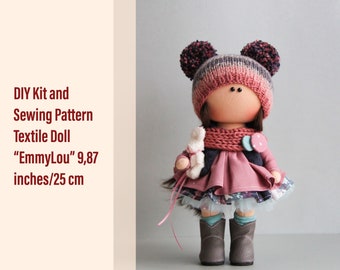 Complete sewing KIT + pattern for making Textile Doll EmmyLou, Tilda doll tutorial with cloth, DIY doll kit Make your own doll