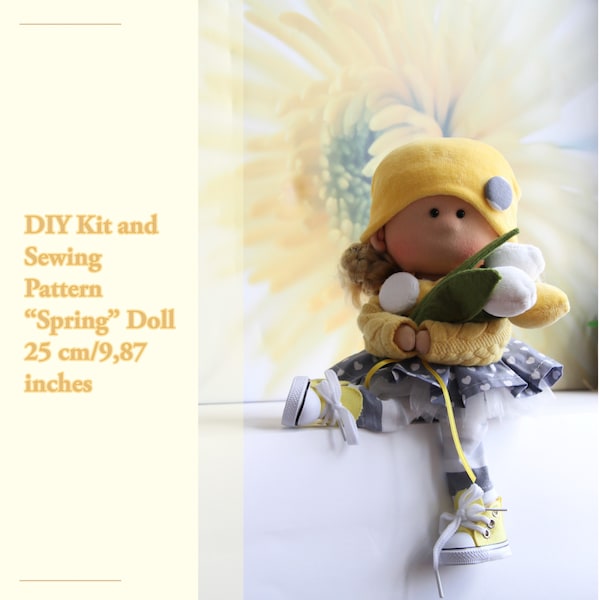 Complete sewing KIT + pattern for making Textile "Spring" Doll, Tilda doll tutorial with cloth, DIY doll kit Make your own doll