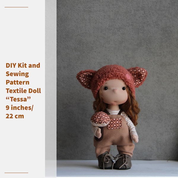 Sewing Pattern and Kit Textile doll “Tessa” 9 inches /22 cm, Doll Tutorial with cloth, Cute doll with cheeks, handmade rag doll