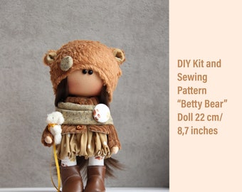 KIT completo da cucito + cartamodello per realizzare la bambola tessile "Betty Bear", tutorial per bambola Tilda con stoffa, kit fai da te per bambola