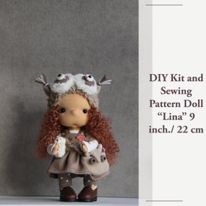 Sewing Pattern and Kit Textile doll “Lina” 9 inches /22 cm, Doll Tutorial with cloth, Cute doll with cheeks, handmade rag doll